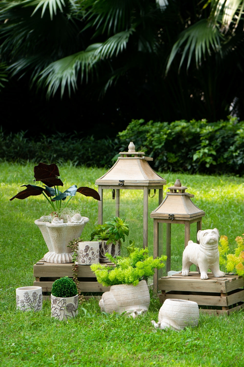 Set of 4 4.3x4.3x4' Gray Sand and Cement Planters with Brown Botanical Motifs Media 14