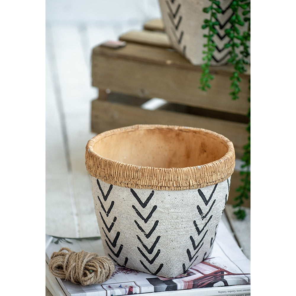 Set of 2 White and Brown Cement Planters with V Pattern, L:D10x8'  S:D8x6.5' Media 7