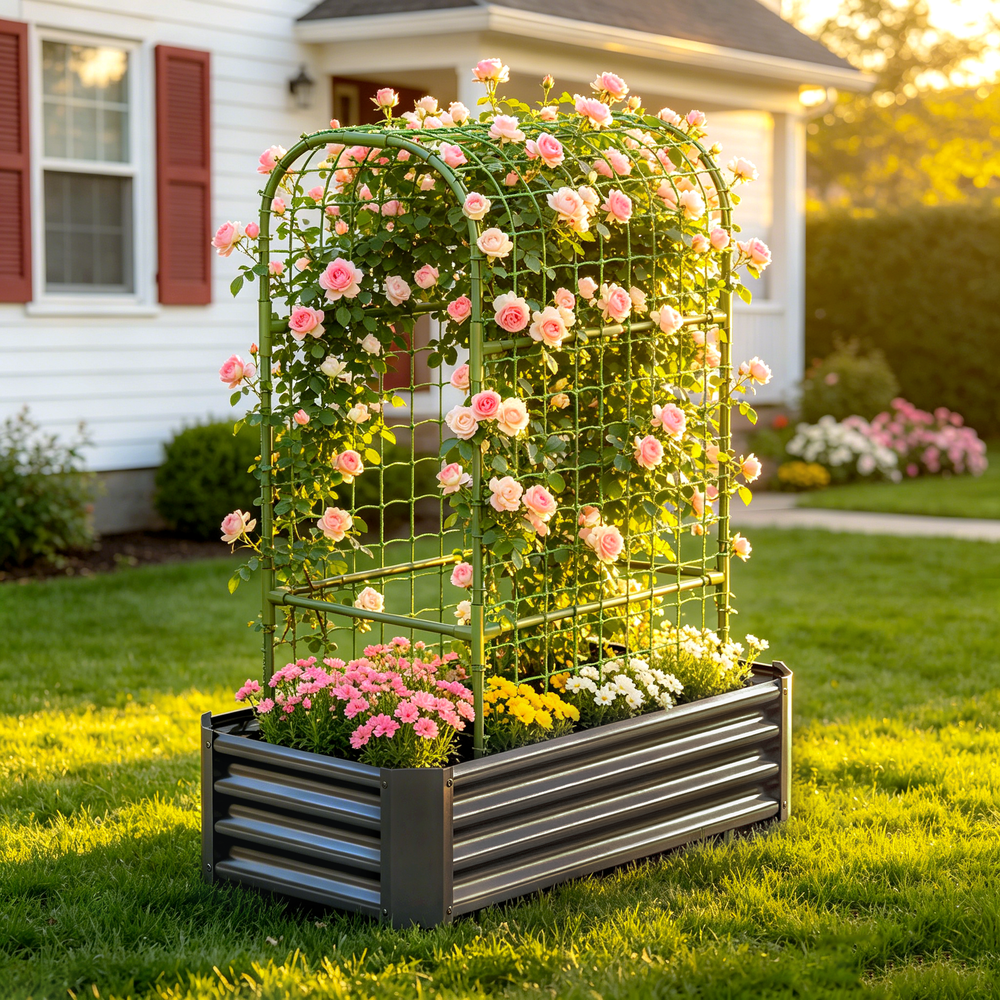 2-in-1 Raised Garden Bed with Trellis - 59' Tall Arch Planter Box for Climbing Plants, Outdoor Galvanized Metal Gardening Bed for Vegetables, Fruits, Flowers (Black, 4x2x1 Ft) Media 2
