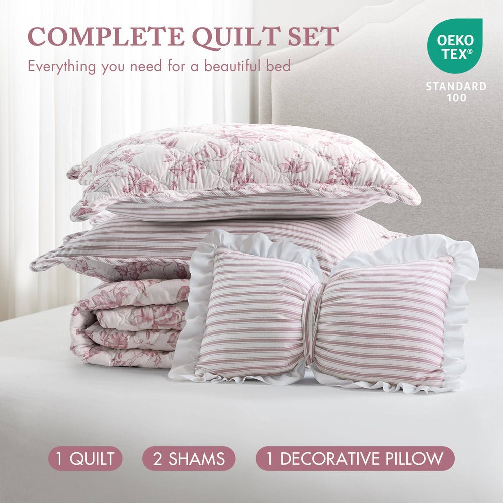 4 Pieces King  Quilt Set with Decorative Pillow,Pink Media 12