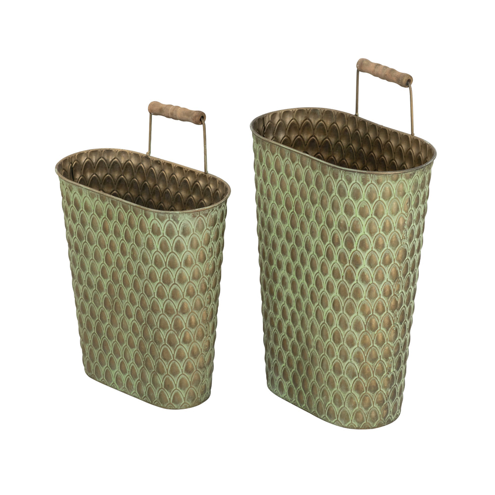 S/2 Textured Green Iron Hanging Planters with Arched Handles Media 3
