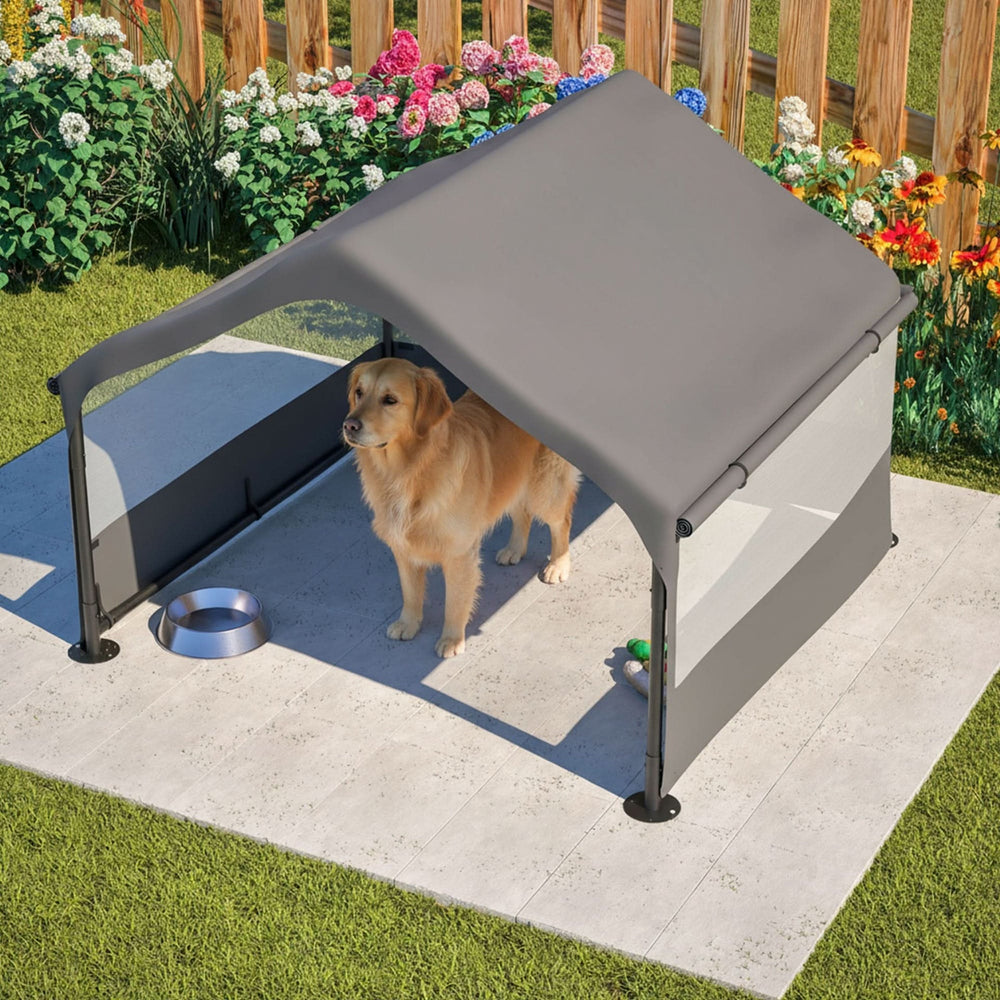 Extra Large Outdoor Dog House Tent with 3-Sided Mesh Windows, Breathable Sun Rain Cover Pet Shelter with Canopy and Ground Stakes for Dogs, Cats, Livestock – 4' x 4' x 3.3', Gray Media 10