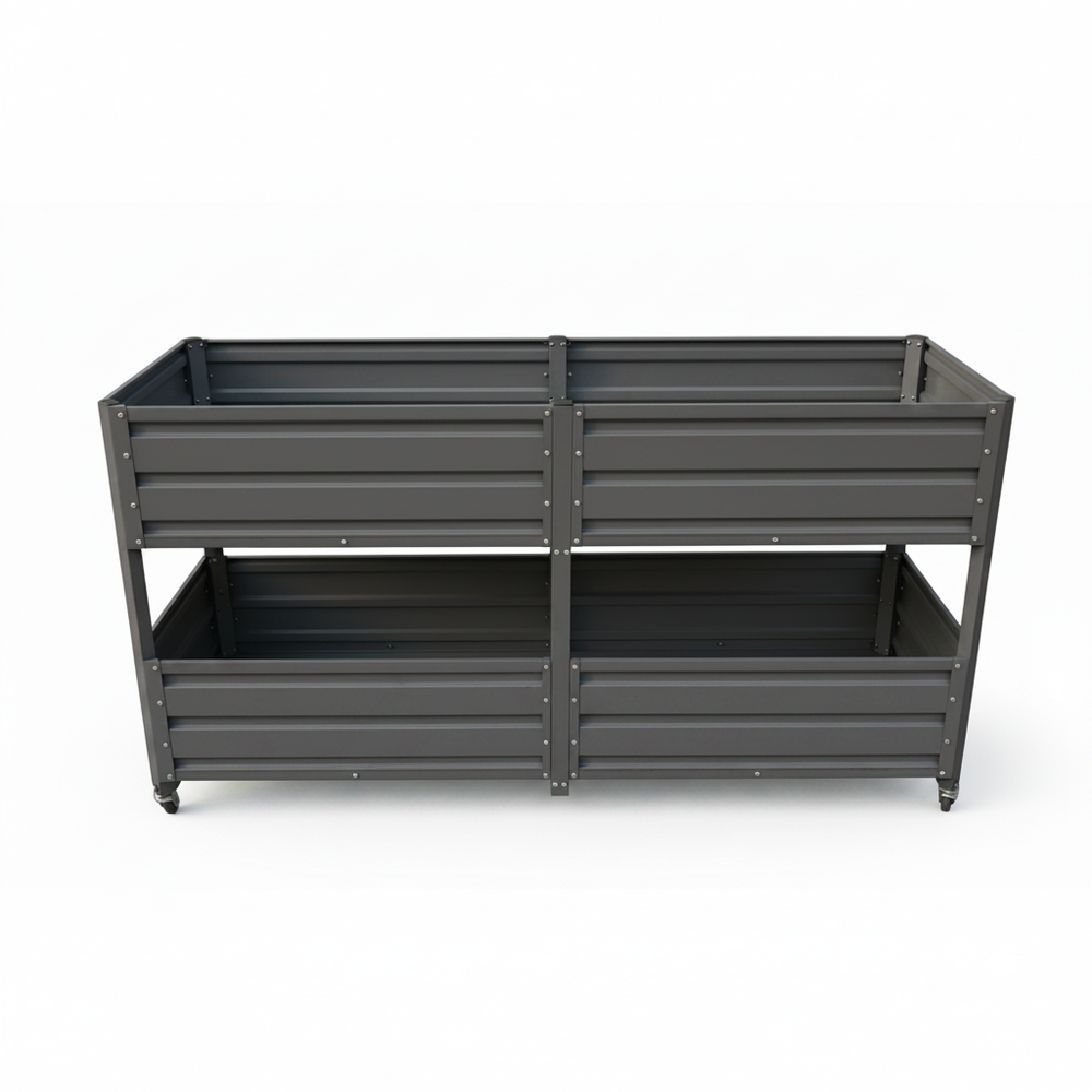 Dual Tier Elevated Metal Raised Garden Bed with Lockable Wheels, Staggered 2-Layer Raised Planter Box for Vegetables Herbs Flowers, Outdoor Patio Backyard Green Planting Bed,Grey Media 16