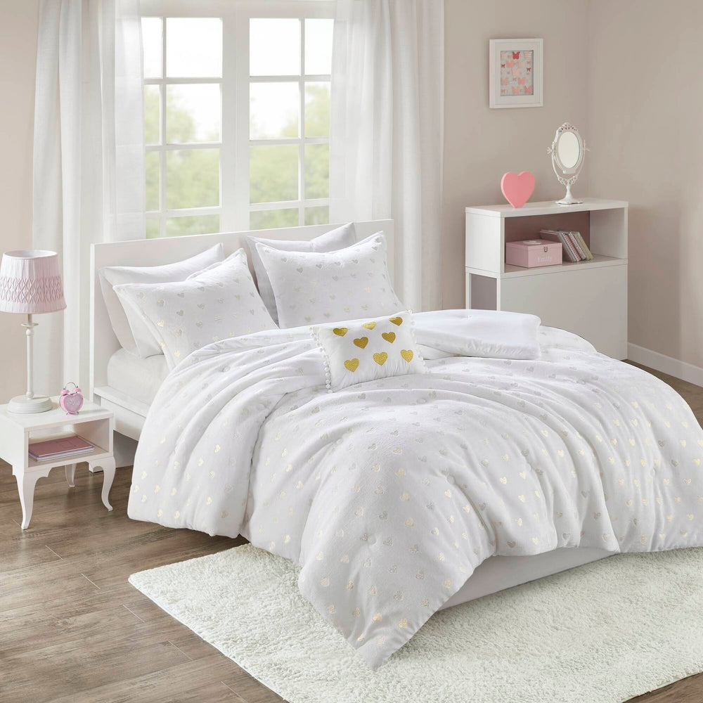 4 PCS Full/Queen Metallic Printed Plush Comforter Set with Throw Pillow White/Gold Media 7