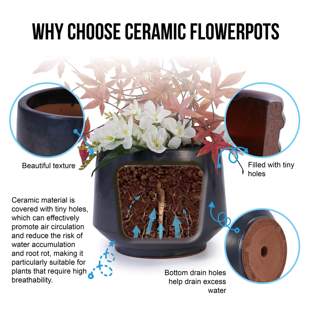 Handmade Black Matte Glazed Ceramic Planter Set of 3, 15/11/9 Inch Diameter, Textured Finish for Orchids & Begonias, Indoor/Outdoor Use on Windowsill & Bookshelf, Breathable Clay Media 6