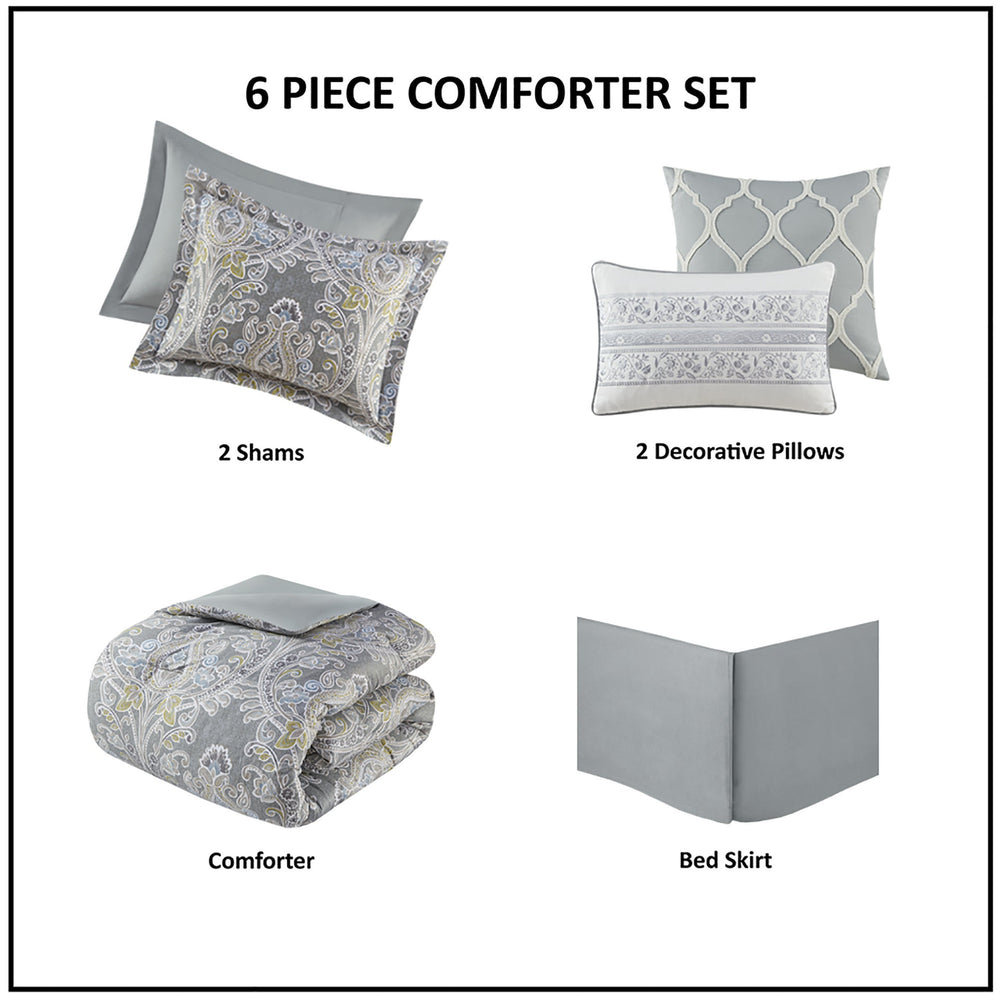 6 Piece Cotton Comforter Set Grey Full Media 12