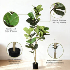 6FT Real Touch Fake Fiddle Leaf Fig Tree in Black Plastic Pot with Green Fabric Leaves, Indoor Decor for Home Office Living Room Corner perspective
