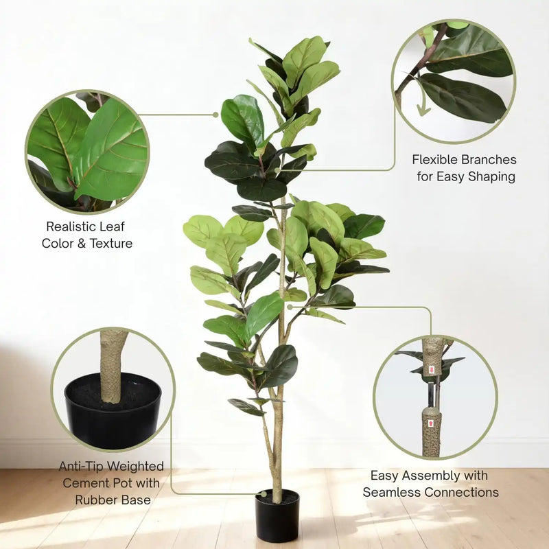 6FT Real Touch Fake Fiddle Leaf Fig Tree in Black Plastic Pot with Green Fabric Leaves, Indoor Decor for Home Office Living Room Corner
