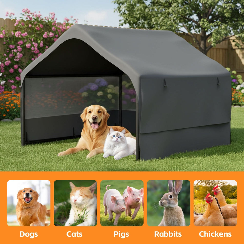Extra Large Outdoor Dog House Tent with 3-Sided Mesh Windows, Breathable Sun Rain Cover Pet Shelter with Canopy and Ground Stakes for Dogs, Cats, Livestock – 4' x 4' x 3.3', Gray Media 7