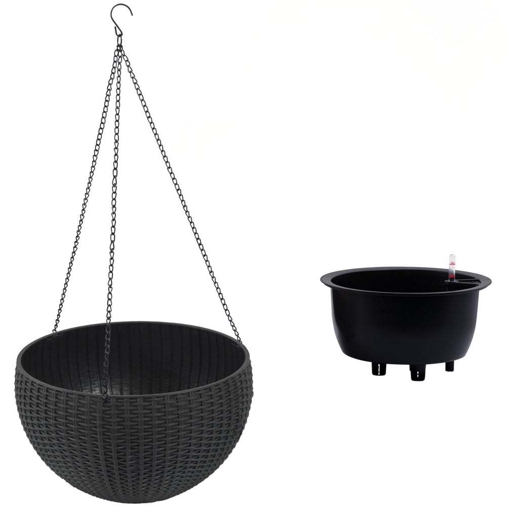 13.4 inch Self-Watering Hanging Rattan-Inspired Planter Large Capacity, Root-Rot Resistant Water Storage with Water Level Indicator, Dual-Use for Indoor & Balcony Decoration (Pack of 2, Black Color) Media 1