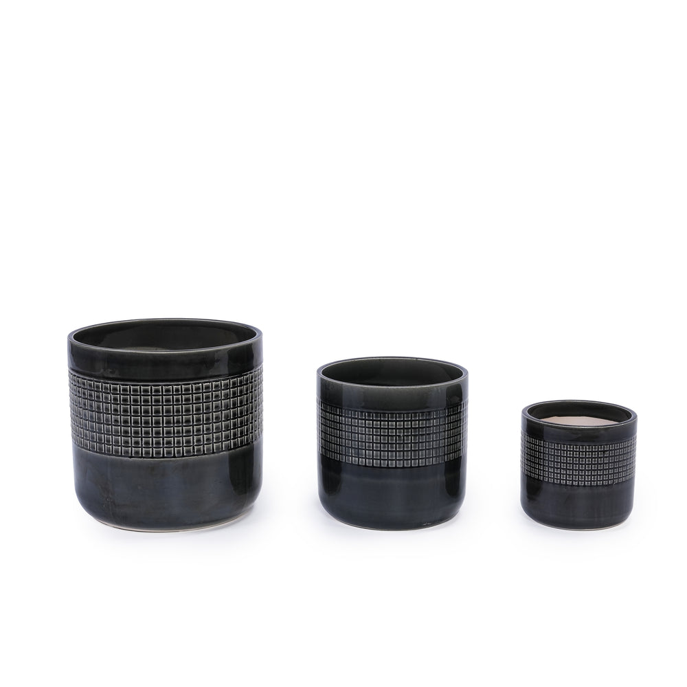 Handmade Black Glazed Ceramic Planter Set of 3, 9' 7' 6' Diameter, Grid Pattern, for Succulents & Cacti Indoor/Outdoor Shelf & Table Use, Porous Clay with Drainage Holes Media 4