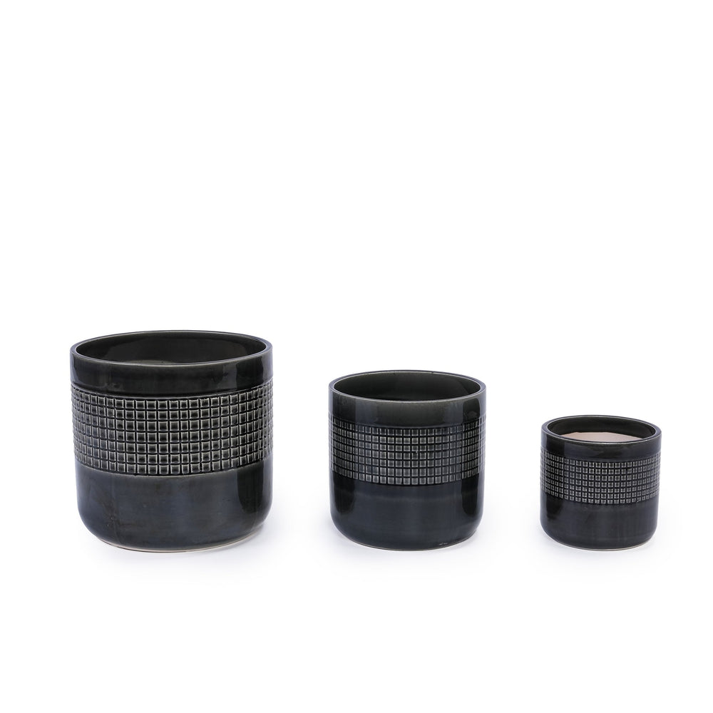Handmade Black Glazed Ceramic Planter Set of 3, 9' 7' 6' Diameter, Grid Pattern, for Succulents & Cacti Indoor/Outdoor Shelf & Table Use, Porous Clay with Drainage Holes Media 4