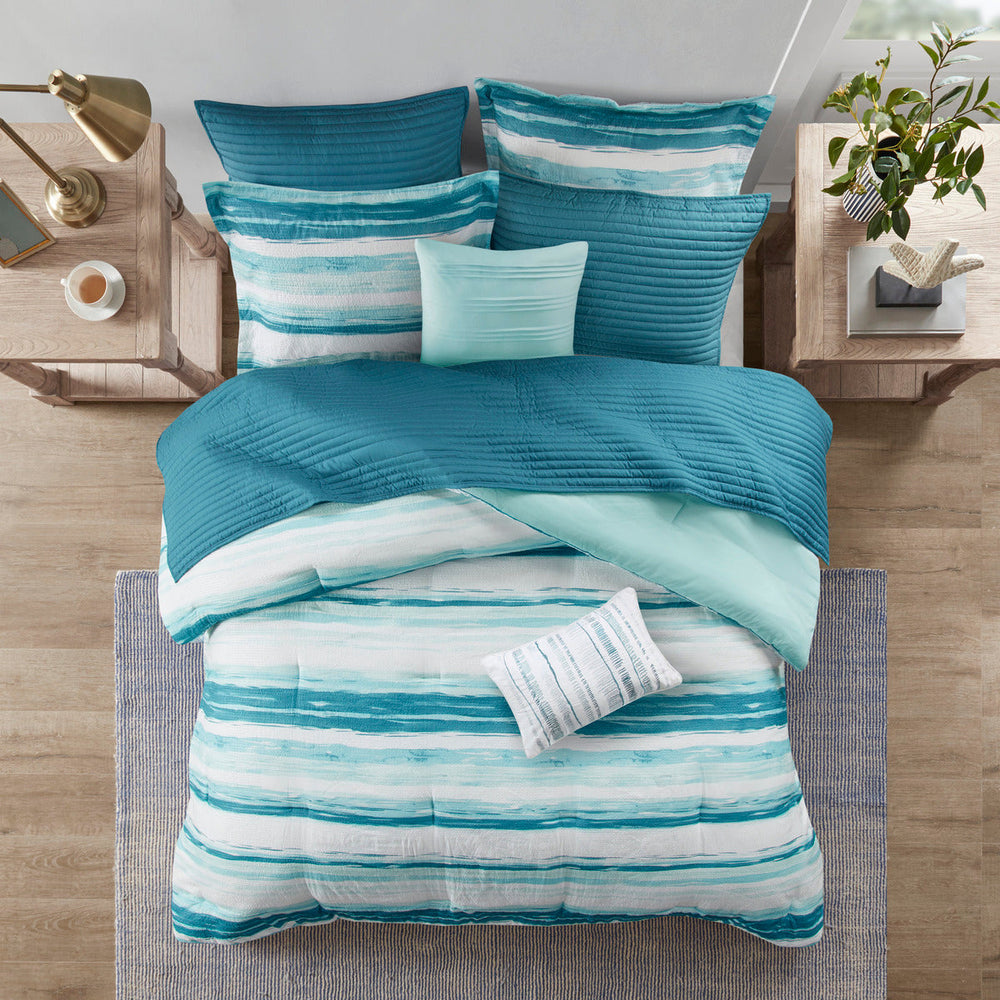 8 Piece Printed Seersucker Comforter and Quilt Set Collection Aqua Full/Queen Media 4
