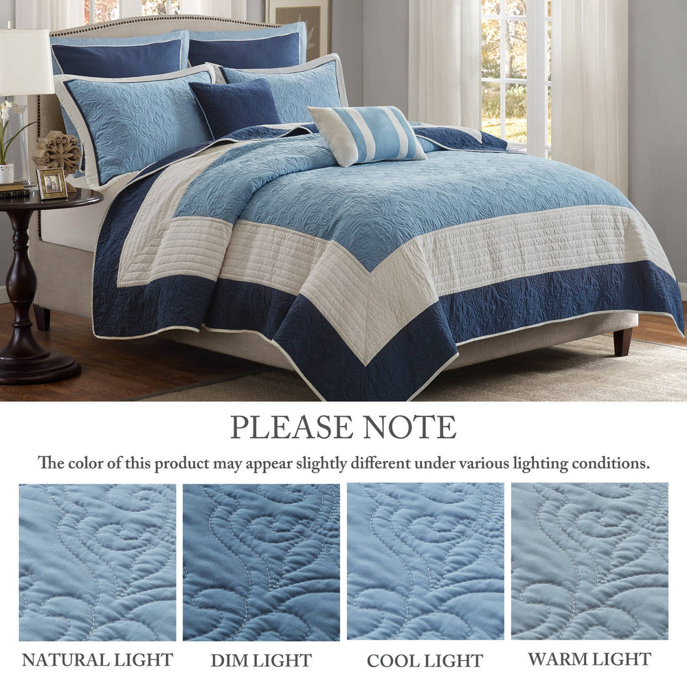 7-Piece King/Cal King 7 Piece Quilt Set with Euro Shams and Throw Pillows,Navy Media 8