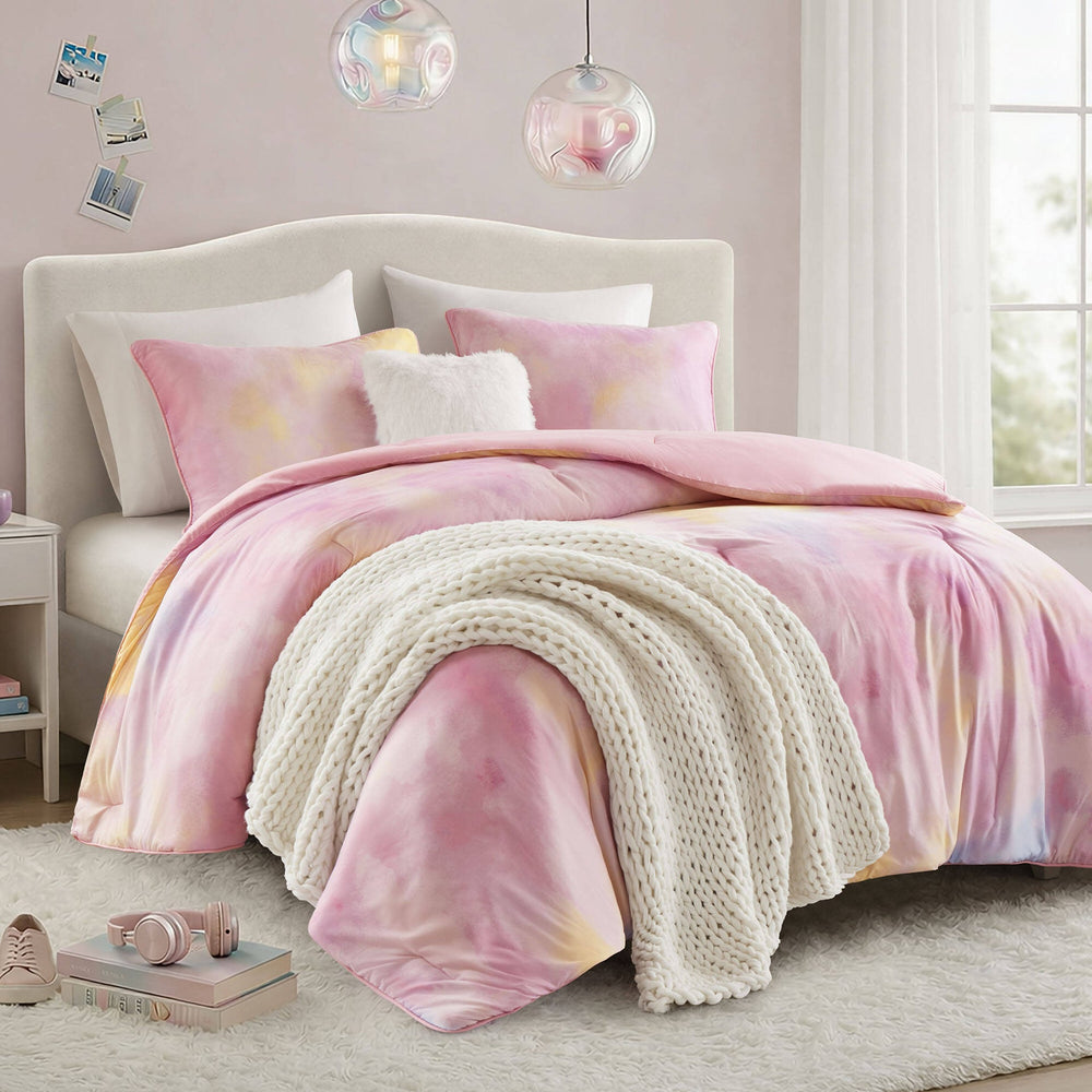 4 Pieces Full/Queen Watercolor Tie Dye Printed Comforter Set with Throw Pillow,Pink Media 7