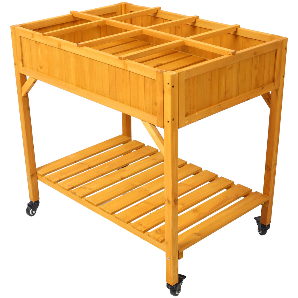 Elevated 8 Pocket Herb Garden Bed, Mobile Raised Customizable Wood Planter for Herbs, Vegetables, Flowers w/ Lockable Wheels, Storage Shelf, Drainage Holes Media 3