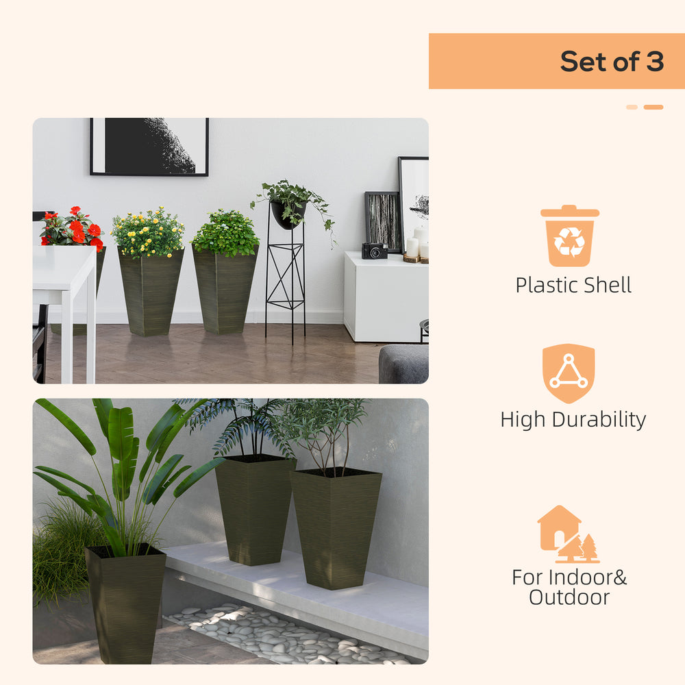 Outsunny 28' Tall Outdoor Planters, Set of 3 Large Taper Planters with Drainage Holes and Plug, Faux Wood Plastic Flower Pots for Outdoor, Indoor, Garden, Patio, Dark Brown Media 6