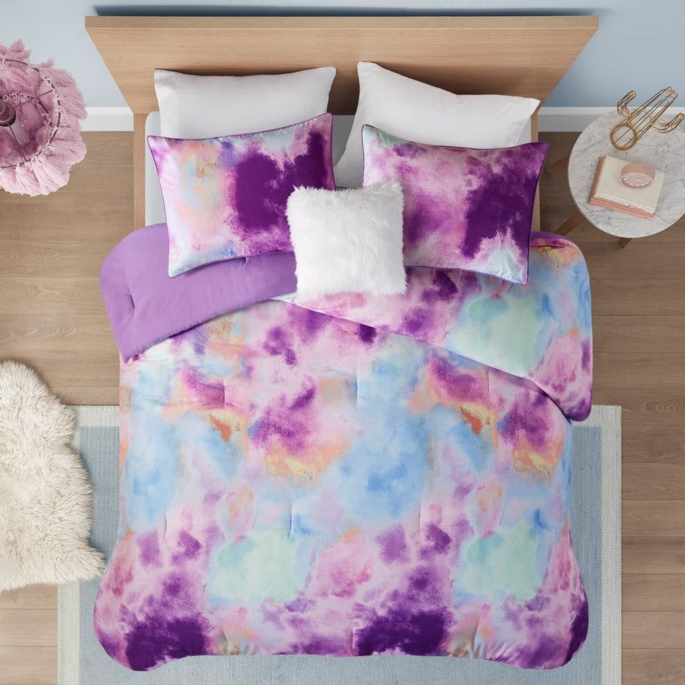 Full/Queen Watercolor Tie Dye Printed Comforter Set with Throw Pillow Media 3