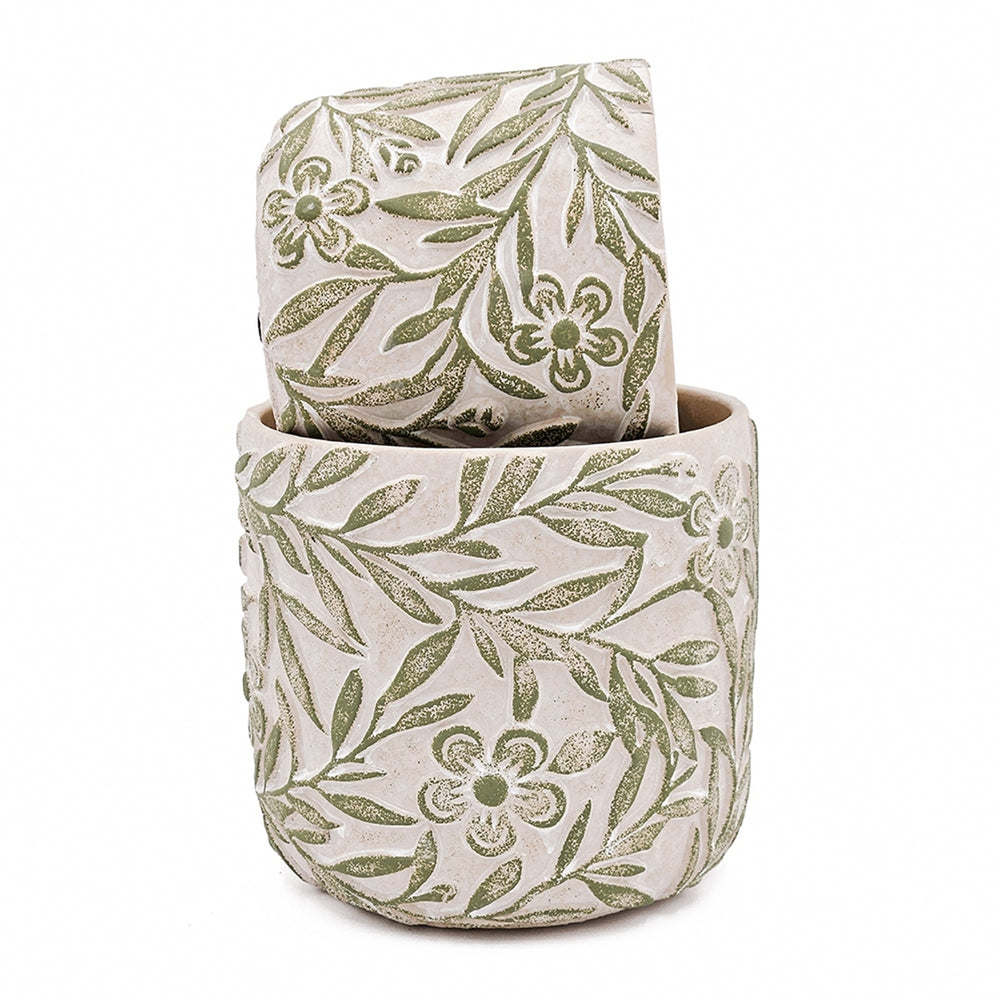 S/2 Gray Sand and Cement Planters with Etched Green Floral Motif, L:D6.7x6.3' S:D5.5x5' Media 4