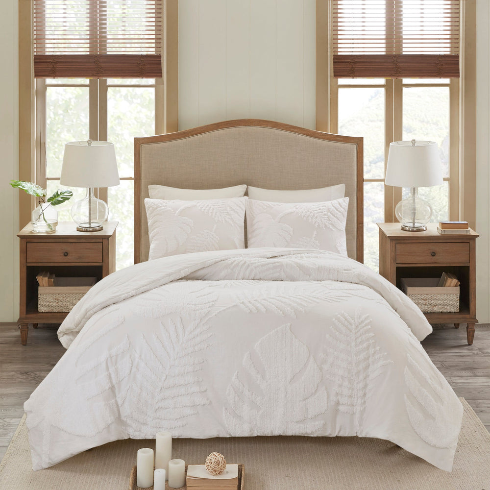 Full/Queen 3 Piece Tufted Cotton Chenille Palm Duvet Cover Set Media 4