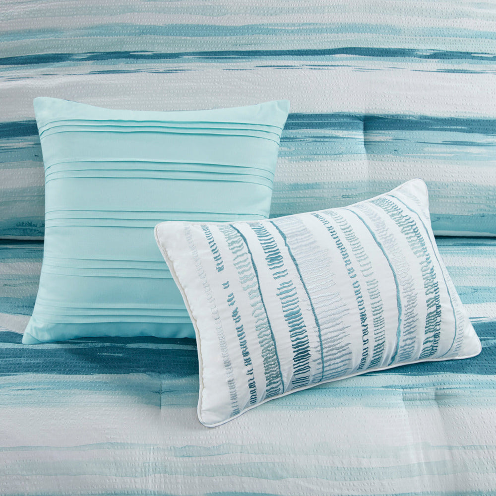 8 Piece Printed Seersucker Comforter and Quilt Set Collection Aqua Full/Queen Media 16