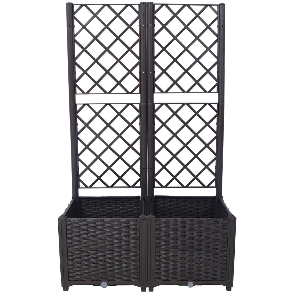 Poly Rattan Brown Trellis Raised Bed  with Drainage Plug - 2 Removable Pots with Large Flower Boxes - Built-in Support for Climbing Plants - Outdoor Patio Garden Decoration Media 2