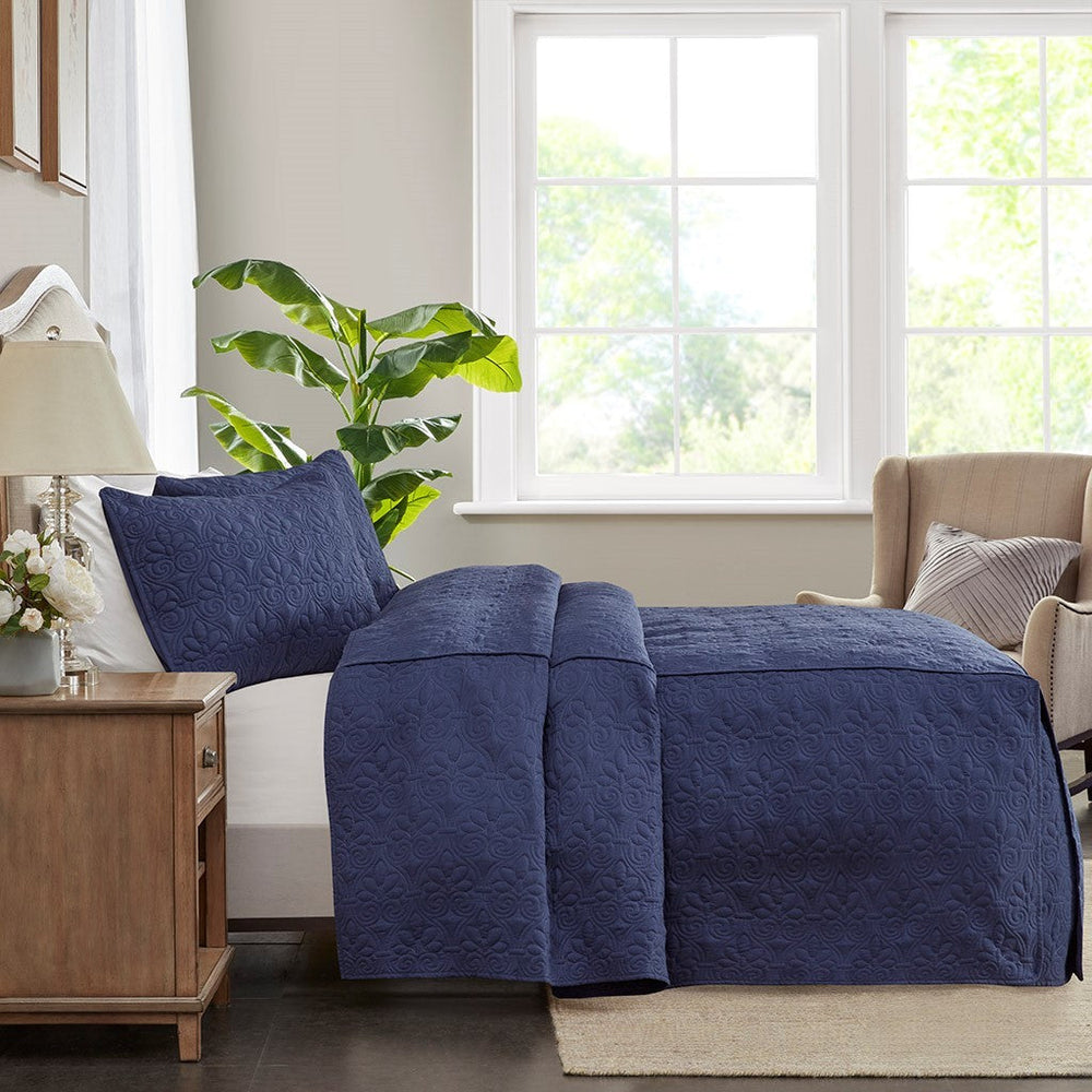 3 Piece Split Corner Pleated Quilted Bedspread Navy Queen Media 12