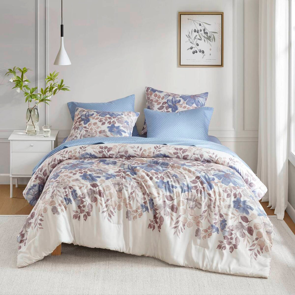 Floral Comforter Set with Bed Sheets Blue Queen Media 1