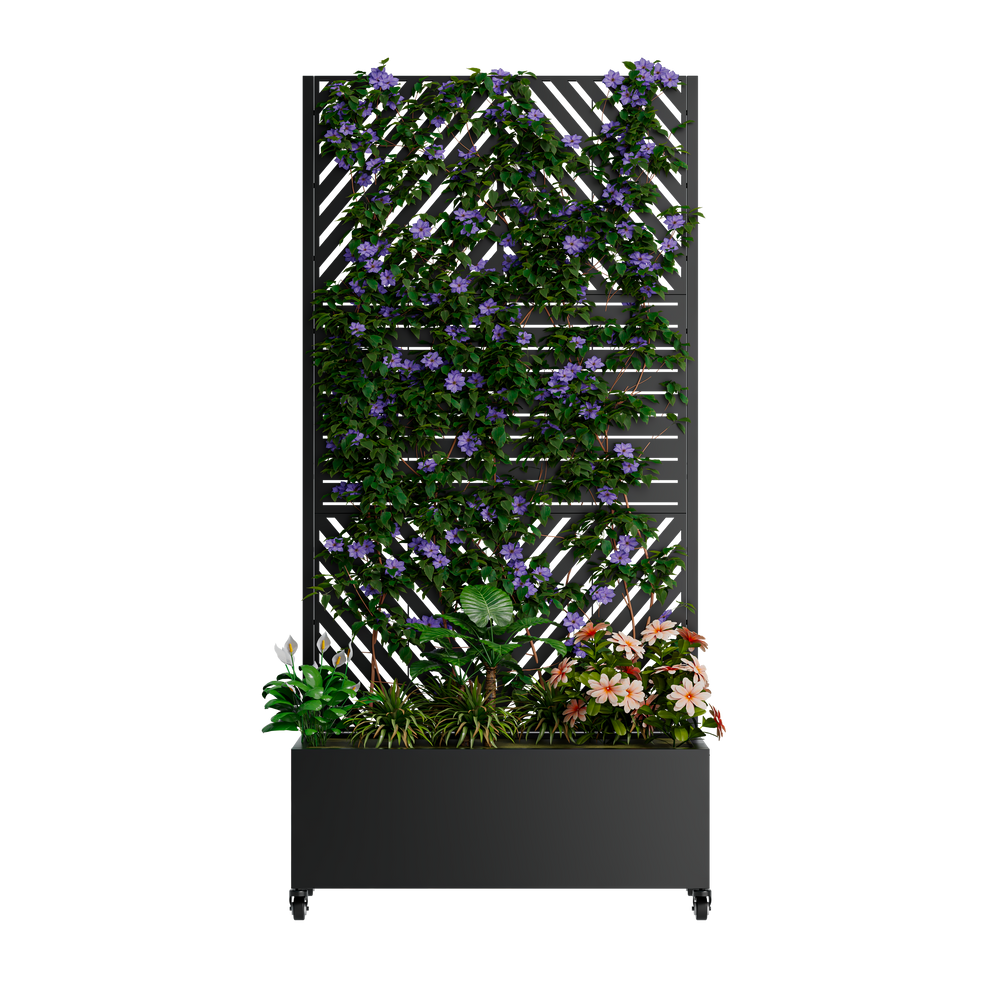 Metal Planter Box with Trellis, 73'x35'x16 Metal Raised Garden Bed with Trellis, Metal Planter Box with Drainage Holes & Lockable Wheels & Privacy Screen for Climbing Plants, Vegetables, Vines Media 3