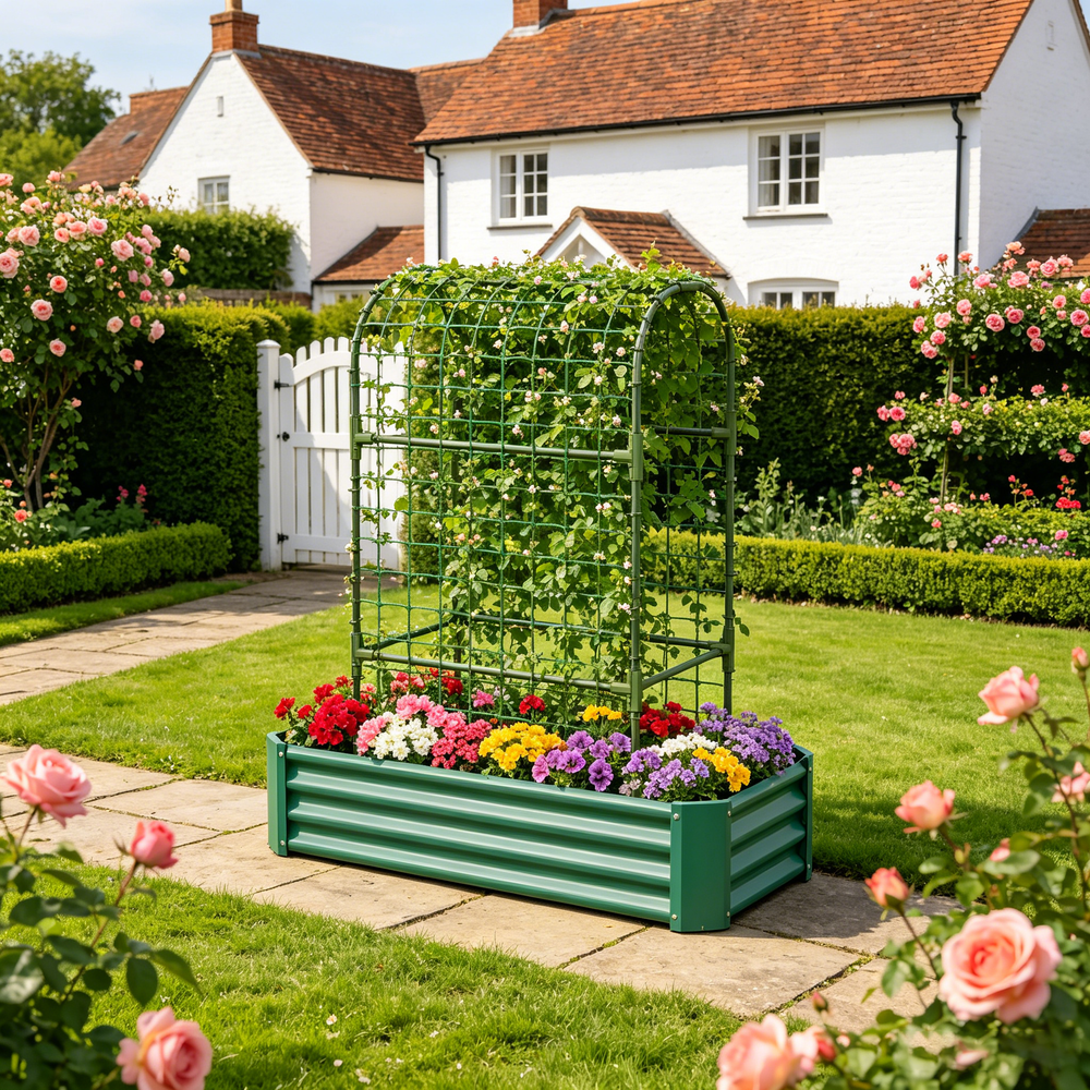 2-in-1 Raised Garden Bed with Trellis - 59' Tall Arch Planter Box for Climbing Plants, Outdoor Galvanized Metal Gardening Bed for Vegetables, Fruits, Flowers (Green, 4x2x1 Ft) Media 2