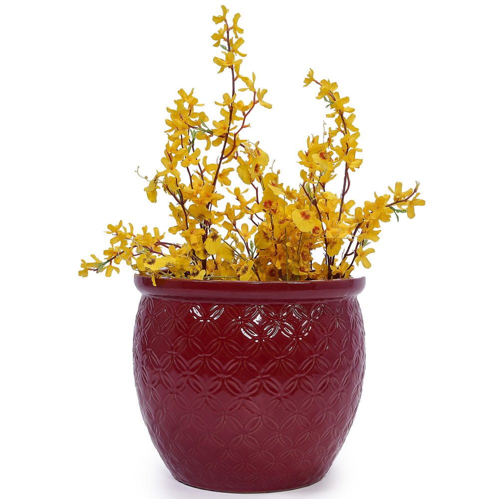 Handmade Ceramic Flower Pot Set of 3, 15/12/10 Inch Diameter, Deep Red with Floral Embossed Pattern, for Orchids Indoor/Outdoor Use on Windowsill & Bookshelf, Breathable Clay Media 14