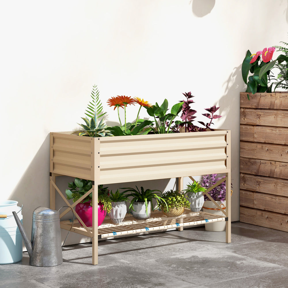 Outsunny Raised Garden Bed with Galvanized Steel Frame, Storage Shelf and Bed Liner, Elevated Planter Box with Legs for Vegetables, Flowers, Herbs, Cream Media 9