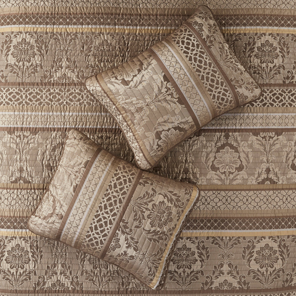 6 Piece Jacquard Quilt Set with Throw Pillows Brown/Gold Full/Queen Media 8