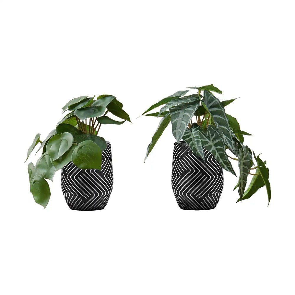 Artificial Alocasia Plant Set of 2, 8' Tall, Green Faux Indoor Decor with Black Cement Pots, Realistic Leaves, Tabletop Greenery