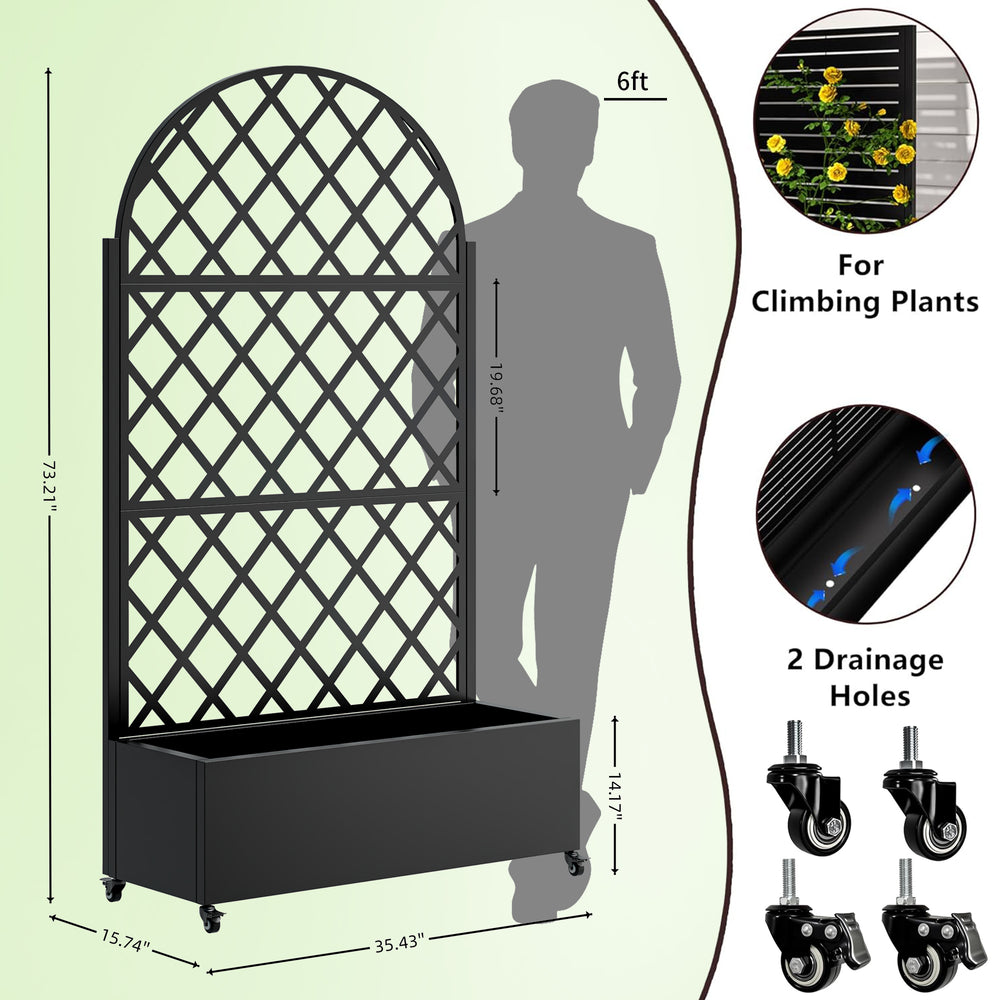 Round Metal Planter Box with Trellis, 73'x35'x16 Metal Raised Garden Bed with Trellis, Metal Planter Box with Drainage Holes & Lockable Wheels & Privacy Screen for Climbing Plants, Vegetables, Vines Media 5