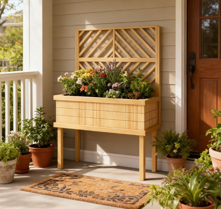 Self-Draining Raised Garden Bed,Elevated Wood Planter with Trellis for Climbing Plants,with Legs and Drainage Holes Media 1