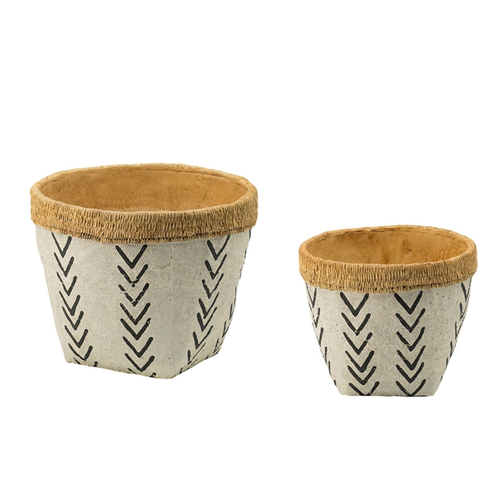 Set of 2 White and Brown Cement Planters with V Pattern, L:D10x8'  S:D8x6.5' Media 2