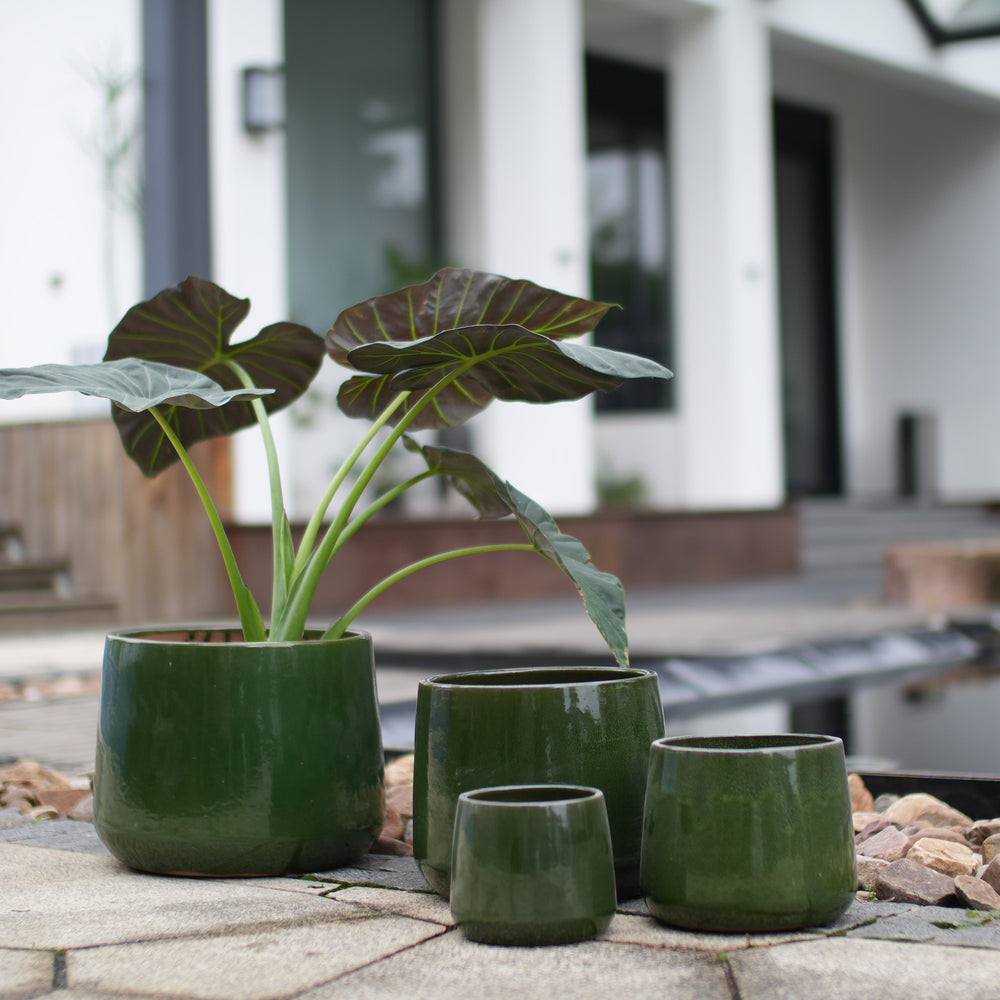Handmade Solid Glazed Ceramic Planter Set of 4, 14/11/9/7 Inch Diameter, Deep Green, for Succulents and Cacti, Outdoor Garden & Indoor Stairs Use, Breathable Clay with Drainage Holes Media 2