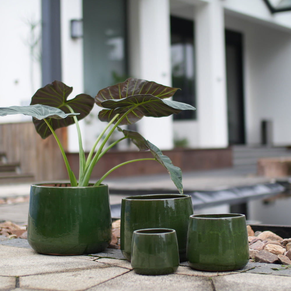 Handmade Solid Glazed Ceramic Planter Set of 4, 14/11/9/7 Inch Diameter, Deep Green, for Succulents and Cacti, Outdoor Garden & Indoor Stairs Use, Breathable Clay with Drainage Holes Media 2