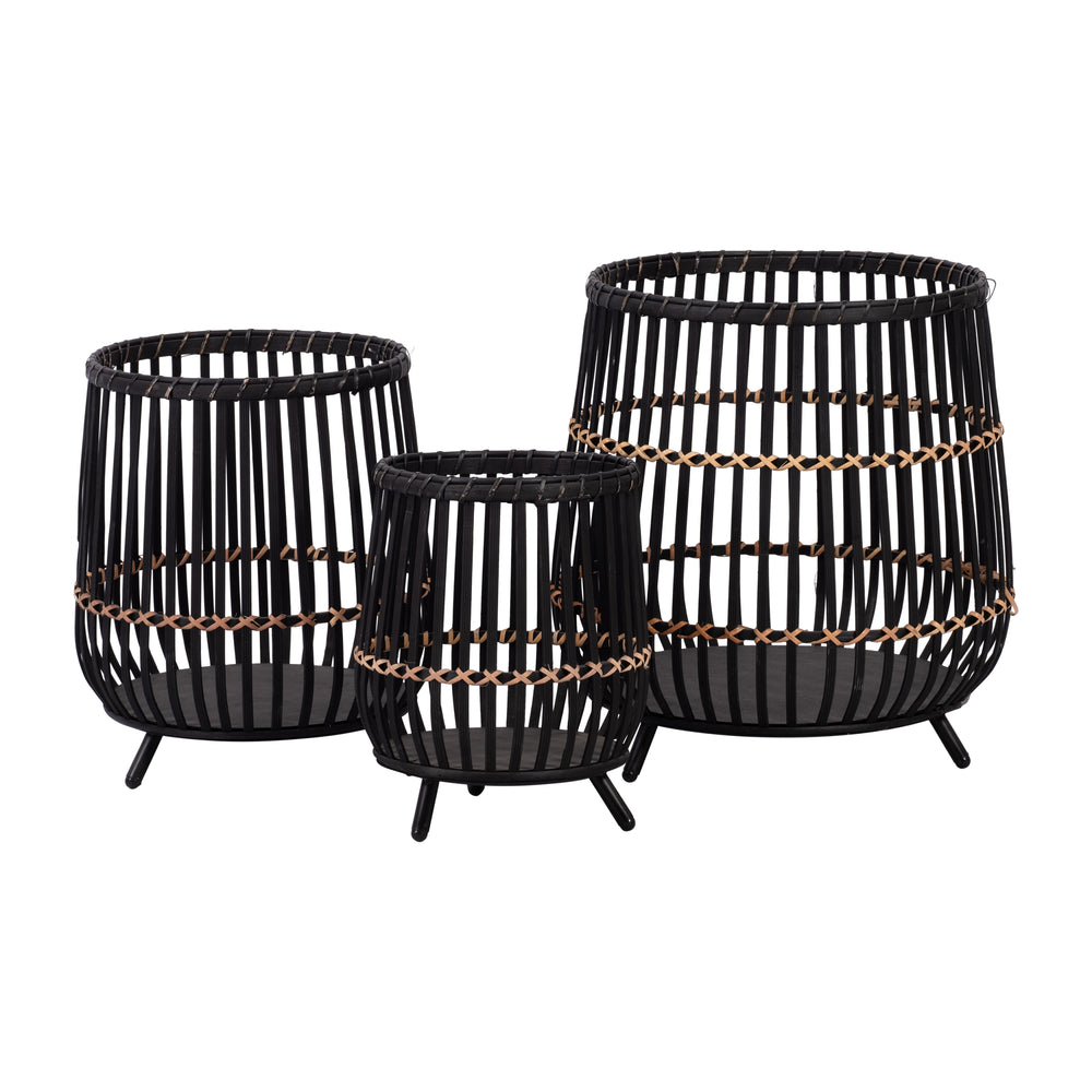 S/3 BAMBOO FOOTED PLANTERS 17/14/10', BLACK Media 2