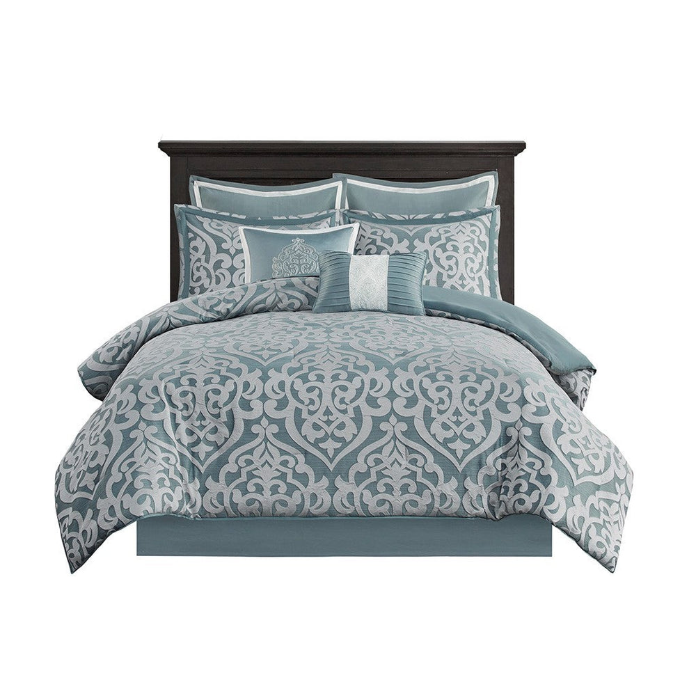 8 Piece Jacquard Comforter Set Aqua/Silver Cal King Media 10