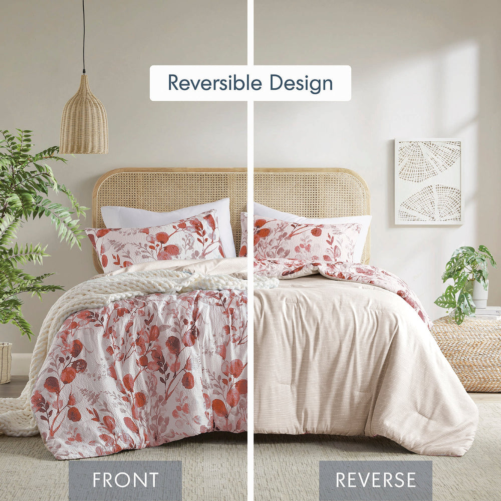 3-Piece Full/Queen Reversible Floral Botanical Seersucker Comforter Set,Pink Media 2