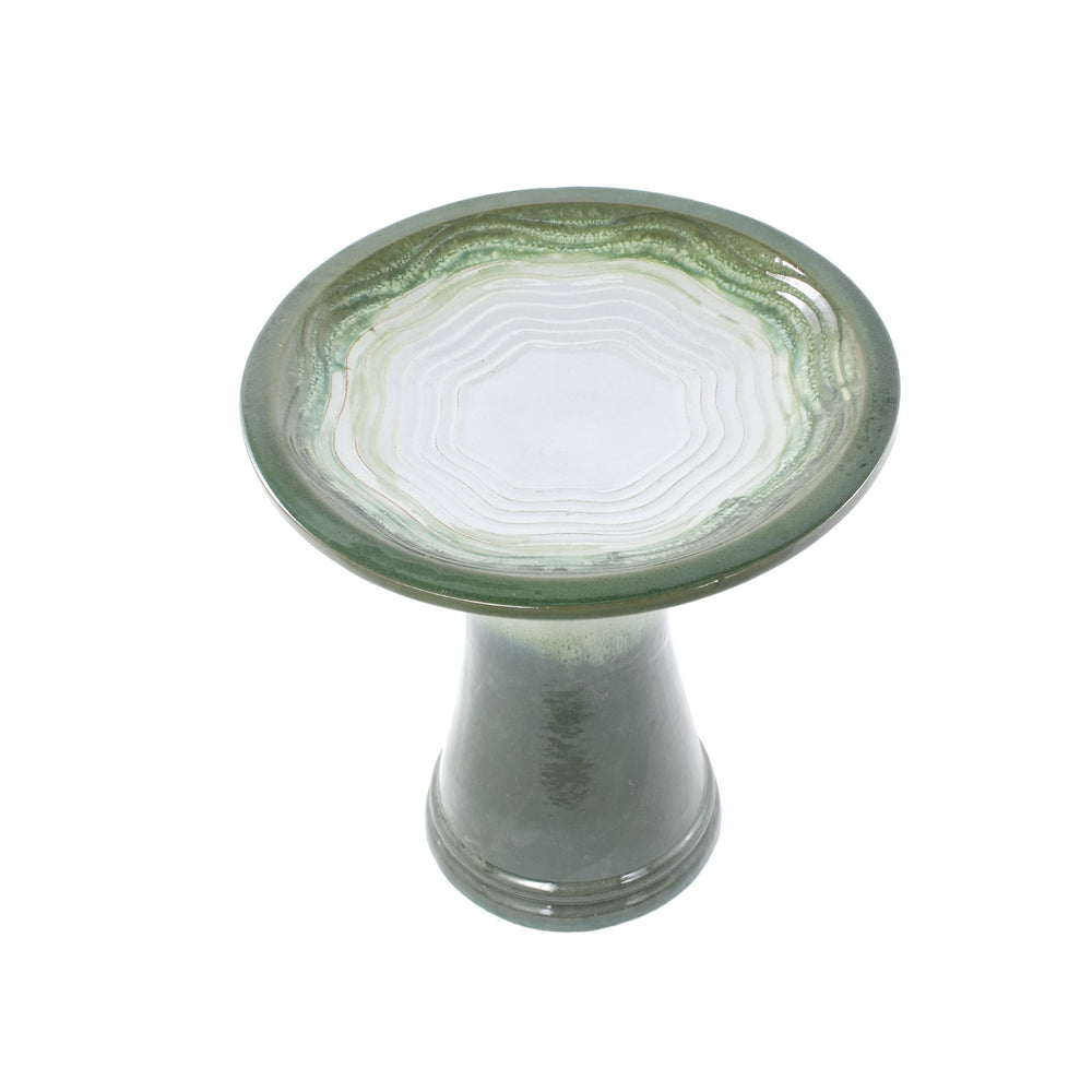 Handmade glazed ceramic bird bath, 17' concentric ripple embossed tray & 18' pedestal base, white to sage green ombre gradient glaze outdoor bird feeder for yard, lawn, patio & backyard Media 8