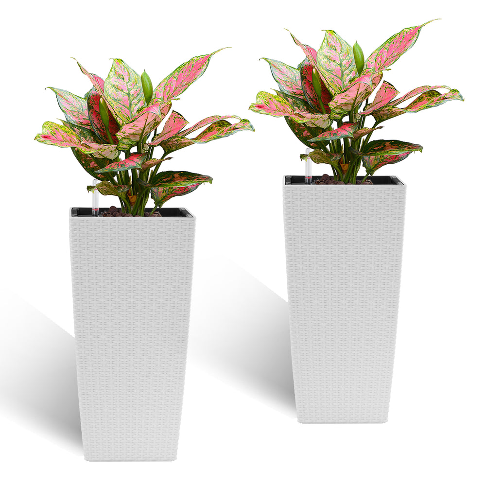 Pack of 2 Square Planter 22-Inch High Faux Rattan Design Flower Pot with Automatic Watering System for Porch, Patio, Backyard, Makes Keeping Flowers Easier White Media 4