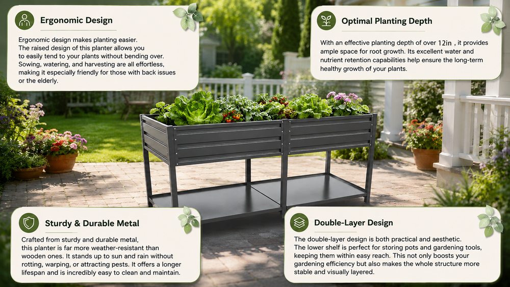 Dual Tier Elevated Metal Raised Garden Bed with Lockable Wheels & Lower Storage Shelf, Dark Gray Staggered Raised Planter Box for Vegetables Herbs Flowers, Outdoor Patio Backyard Raised Planting Bed Media 15