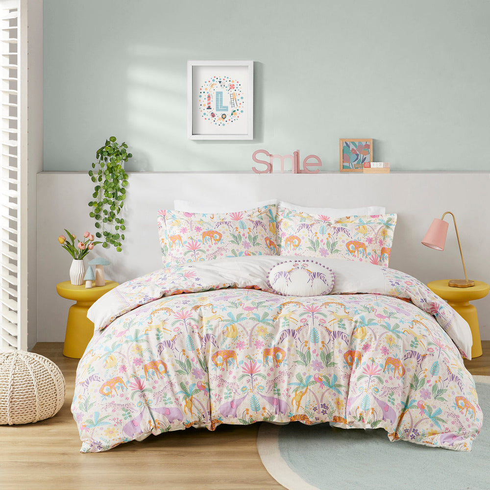 Full/Queen Floral Reversible Cotton Duvet Cover Set with Throw Pillow Media 1