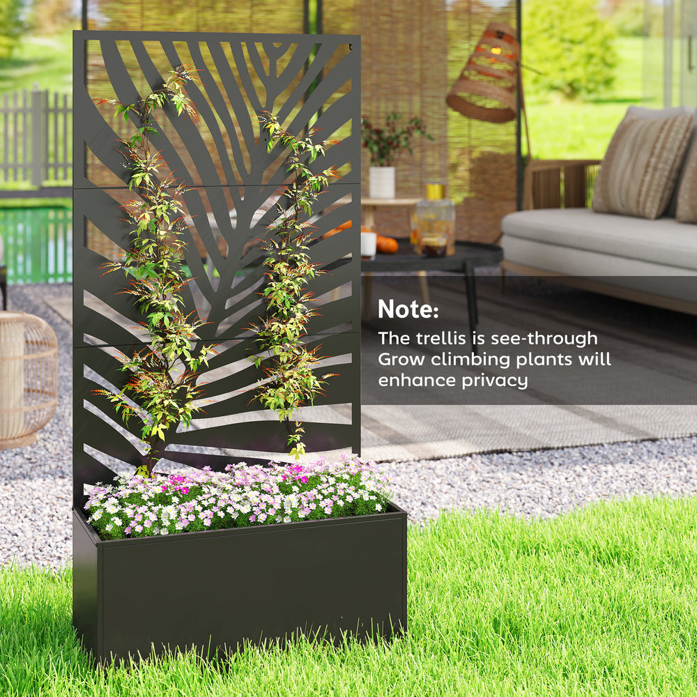 Outsunny Metal Planter Box with Trellis, Raised Garden Bed with Privacy Screen for Climbing Plants, Leaf Cut-Out Privacy Planter Media 4