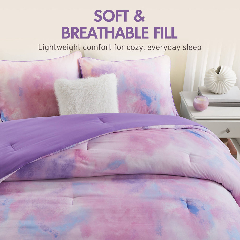 4 Pieces King/Cal King Watercolor Tie Dye Printed Comforter Set with Throw Pillow,Purple Media 11