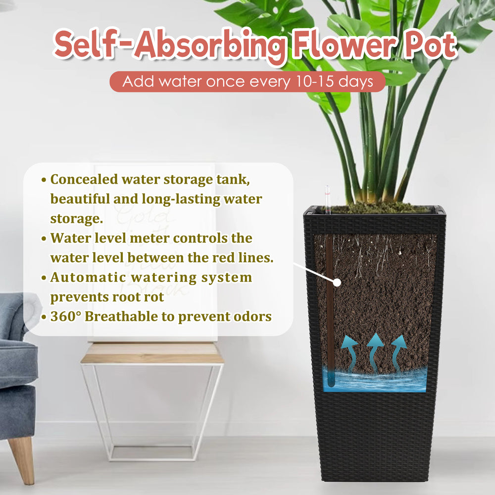 Black Faux Rattan Large Flower Pot with Self-Watering System, 30 in Tall Indoor Outdoor Planter Featuring Drainage Holes, Inner Tray & Water Level Monitor Media 4