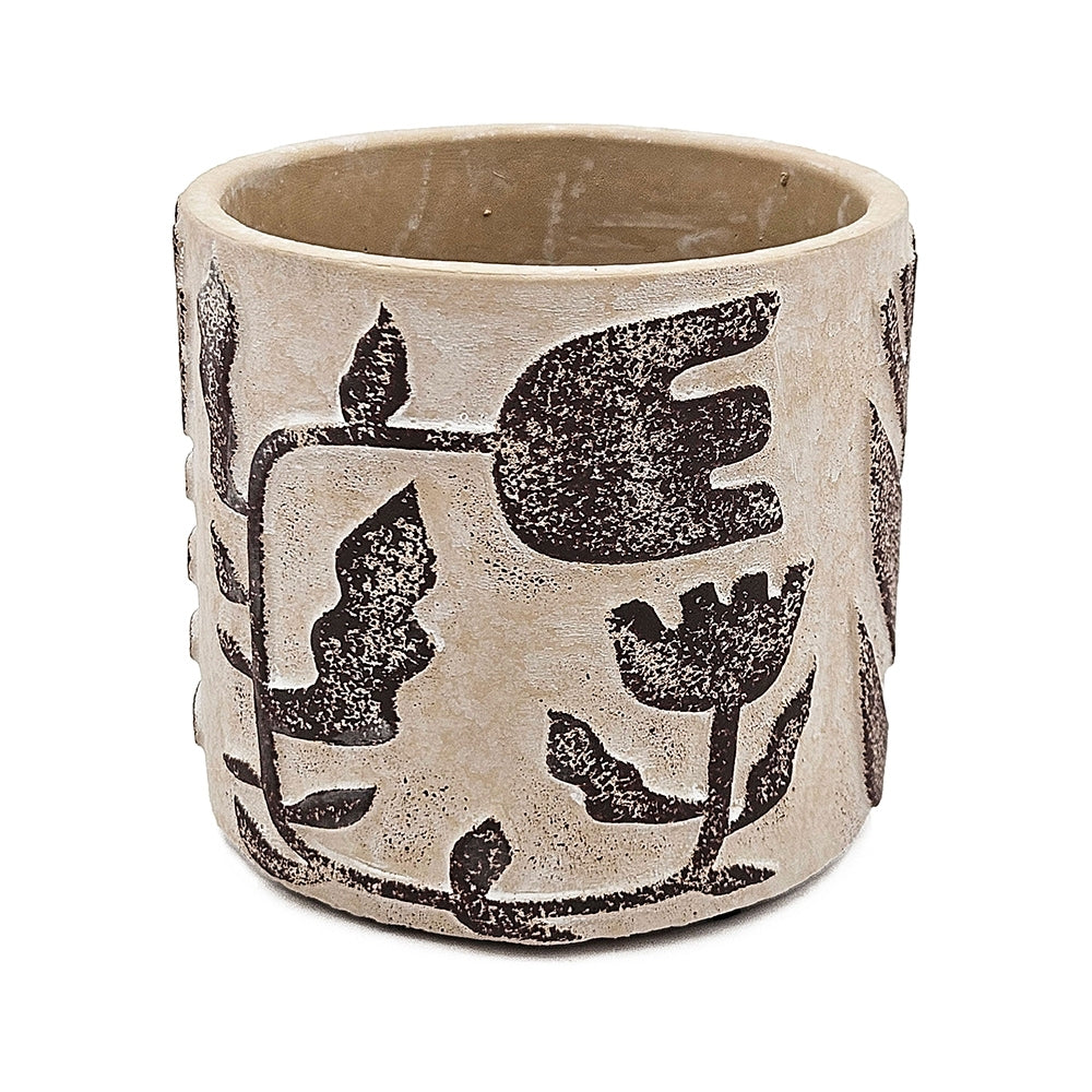 Set of 4 4.3x4.3x4' Gray Sand and Cement Planters with Brown Botanical Motifs Media 7